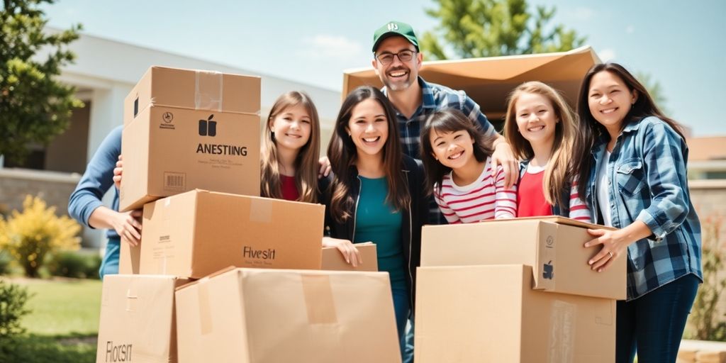 Família feliz organizando caixas para mudança interestadual.