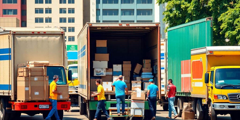 Caminhões de mudança em Belo Horizonte com trabalhadores.